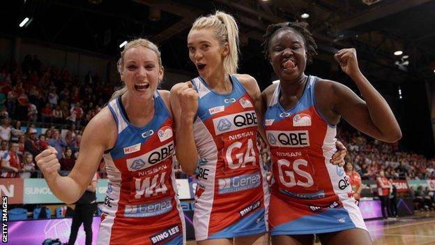 Natalie Haythornthwaite, Helen Housby and Sam Wallace of the NSW Swifts