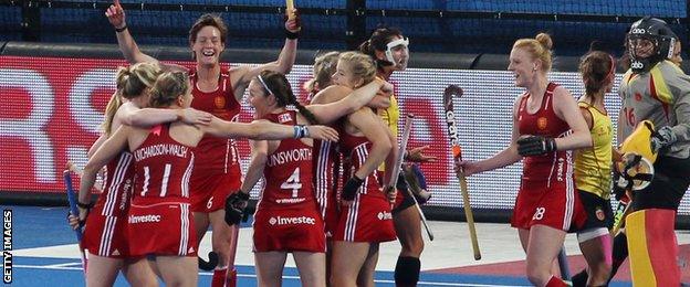 England celebrate their first goal against Spain