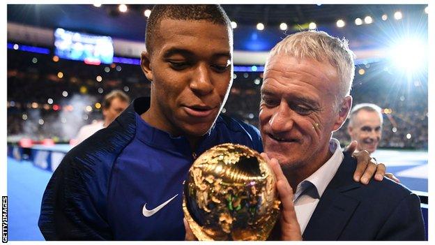 Kylian Mbappe and Didier Deschamps admire World Cup trophy.