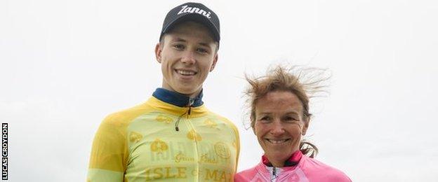 Nathan Draper (left) and Sally Walker (right) wear their winners jerseys at the end of the Gran Fondo Isle of Man