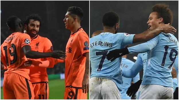 Sadio Mane, Mo Salah and Roberto Firmino of Liverpool, Raheem Sterling and Sadio Mane of Man City