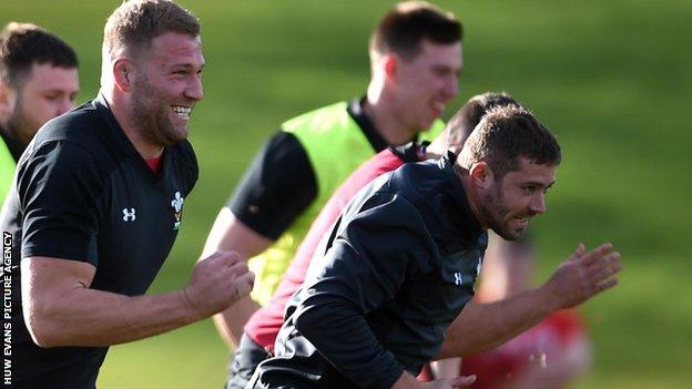 Ross Moriarty, Adam Beard and Leigh Halfpenny take part in sprints during Wales rugby trtaining on Monday, 18 February, 2019