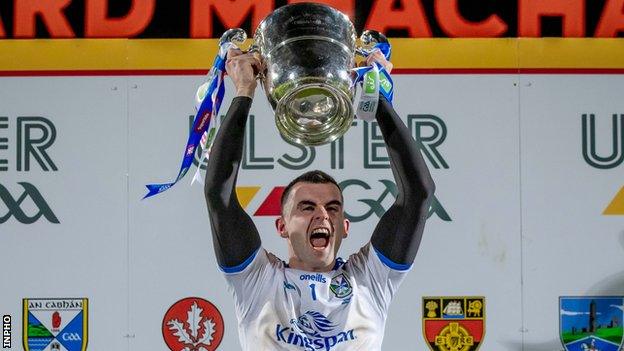 Cavan captain Raymond Galligan lifts the Anglo-Celt Cup in Armagh