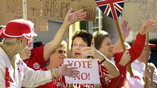 Protesters urge voters in Gibraltar to reject sharing sovereignty with Spain in the 2002 referendum.