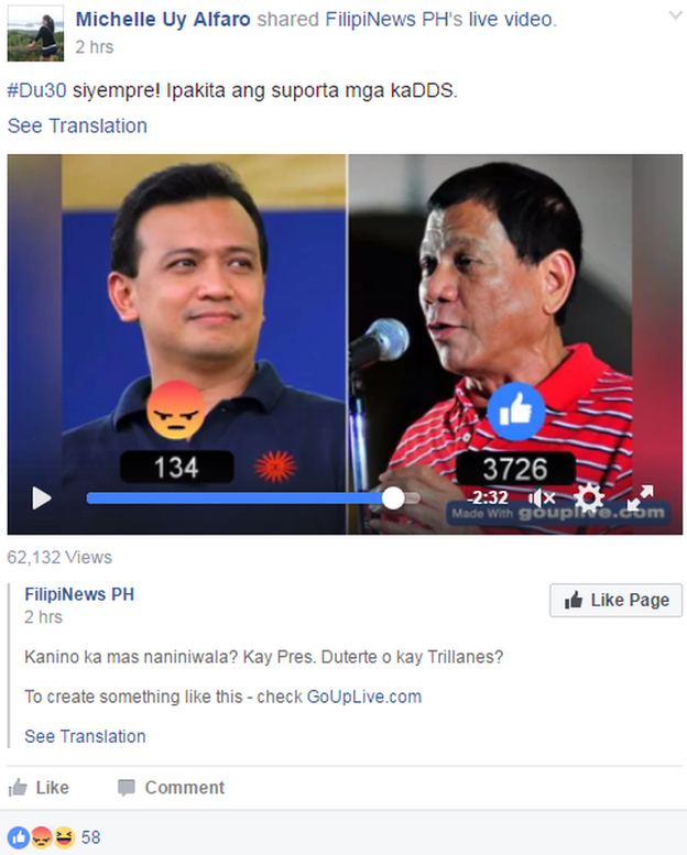 An online poll which asks if respondents have more trust in Duterte or a rival Filipino politician, Antonio Trillanes. It was posted in a pro-Duterte group