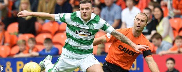 Celtic's Anthony Stokes holds off Dundee United's Sean Dillon