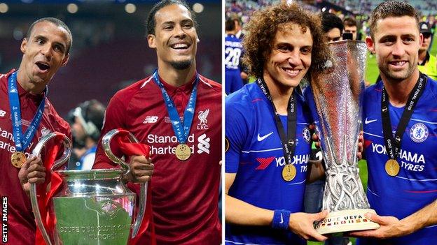 Liverpool players celebrate winning the 2019 Champions League final and Chelsea players celebrate winning the 2019 Europa League final