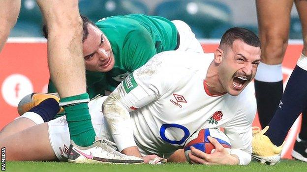 Jonny May scores England's first try v Ireland