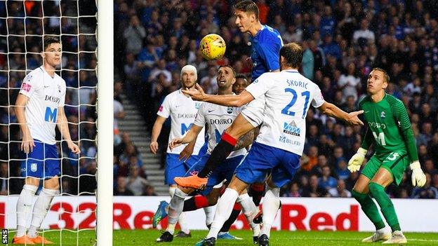 Nikola Katic heads Rangers into the lead against Osijek