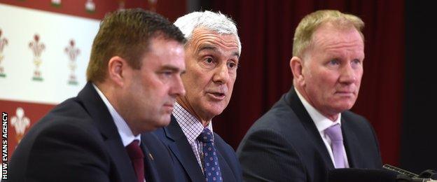 Martyn Phillips, Gareth Davies and Stuart Davies at the announcement of Welsh Rugby Union plans to take control of Newport Gwent Dragons