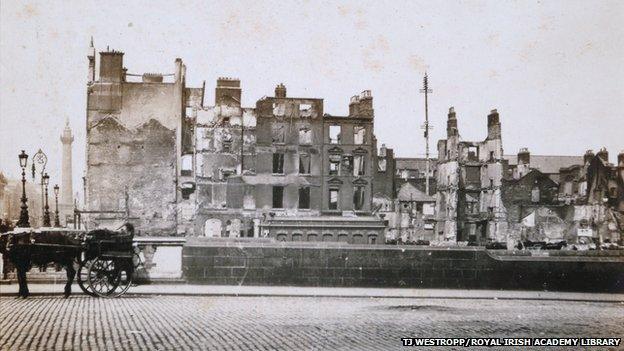 Ruined buildings along Eden Quay in Dublin, photographed by Thomas Johnson Westropp on 17 May 1916