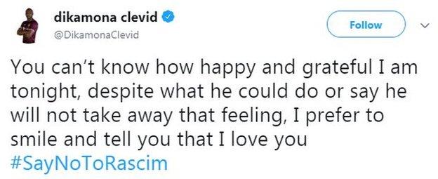 Clevid Dikamona tweeted after the game