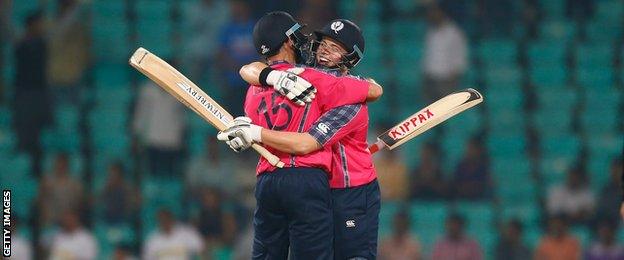 Kyle Coetzer and Matt Machan celebrate Scotland's victory over Hong Kong at the World Twenty20