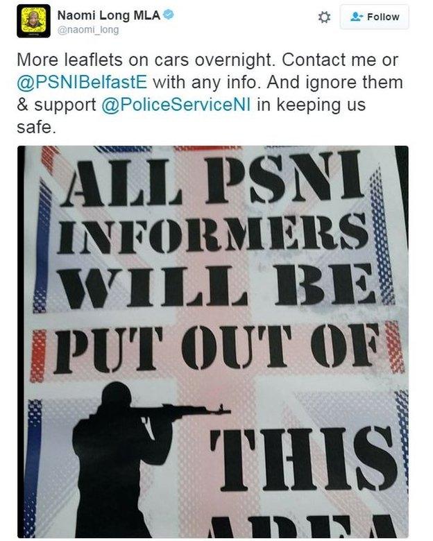 Tweet from Naomi Long: More leaflets on cars overnight. Contact me or @PSNIBelfastE with any info. And ignore them & support @PoliceServiceNI in keeping us safe.