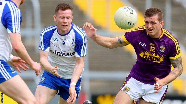 Monaghan's Karl O'Connell and Adrian Flynn in action at Wexford Park on Saturday afternoon