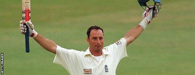 Nasser Hussain celebrates his double century at Edgbaston in 1997