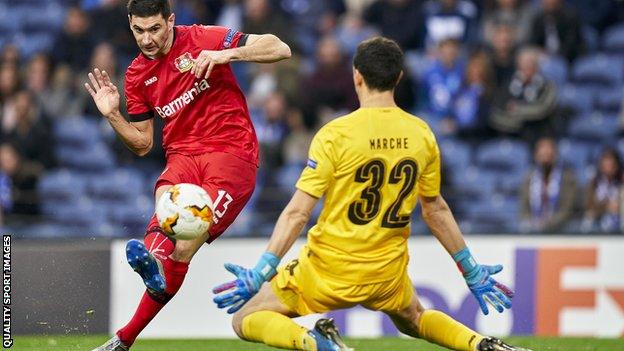 Lucas Alario scores for Bayer Leverkusen against Porto