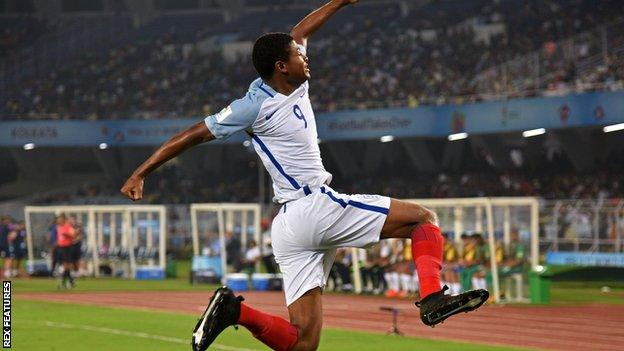 Rhian Brewster celebrates scoring against Brazil