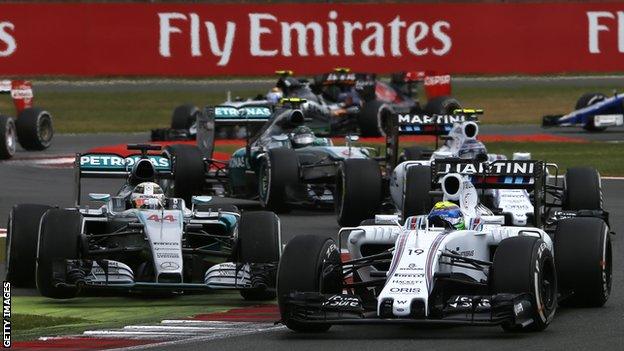 Felipe Massa leads Lewis Hamilton, Williams team-mate Valtteri Bottas and Nico Rosberg at the 2015 British GP at Silverstone