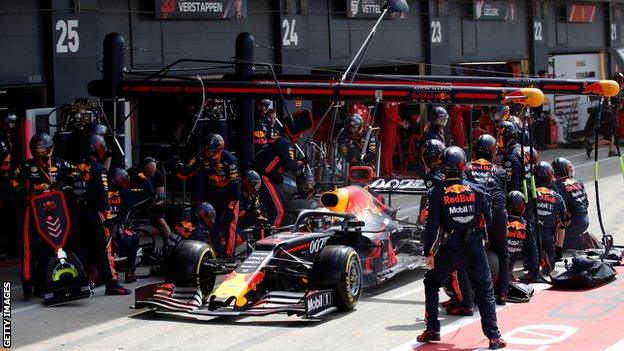 Red Bull's F1 driver Max Verstappen makes a pit-stop during the British Formula 1 Grand Prix