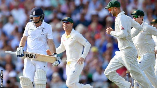 Australia celebrate the dismissal of Adam Lyth