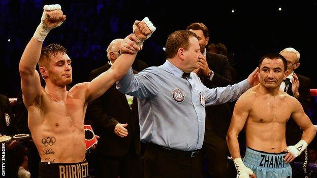 Ryan Burnett is declared the winner after beating Zhanat Zhakiyanov on a unanimous points decision in Belfast