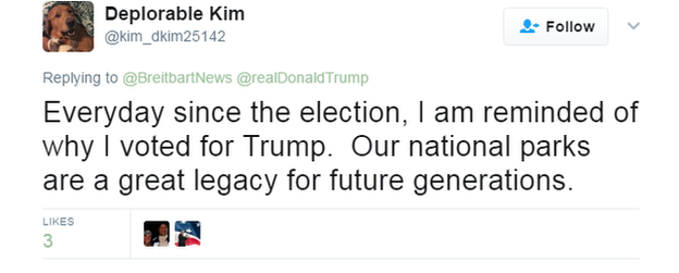 Twitter user @kim_dkim25142 tweets: "Everyday since the election I am reminded of why I voted for Trump. Our national parks are a great legacy for future generations".