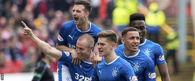 Rangers' Kenny Miller (left) celebrates one of his two goals against Aberdeen