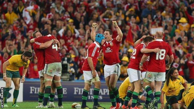 Lions celebrate beating Australia in 2013