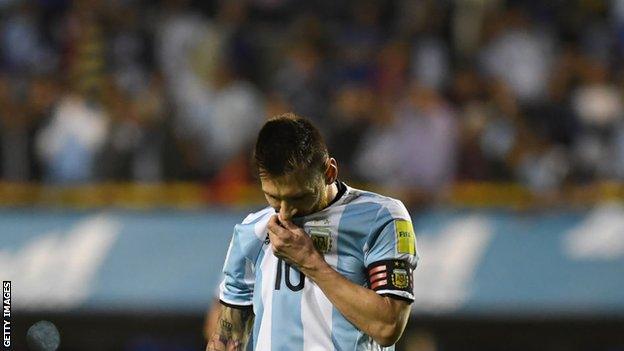 Lionel Messi reacts after Argentina's draw against Peru