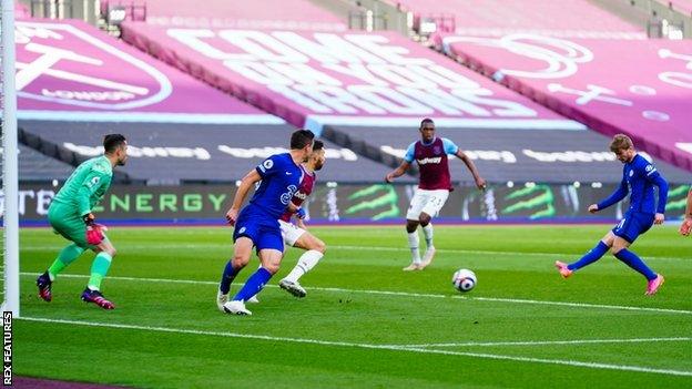 Timo Werner scores for Chelsea against West Ham in the Premier League