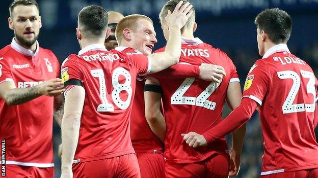 Nottingham Forest players celebrate their first-half goal