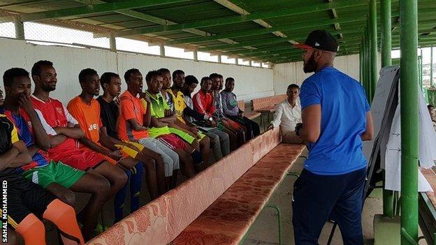 Somaliland Football Academy's Ahmed Ali with players