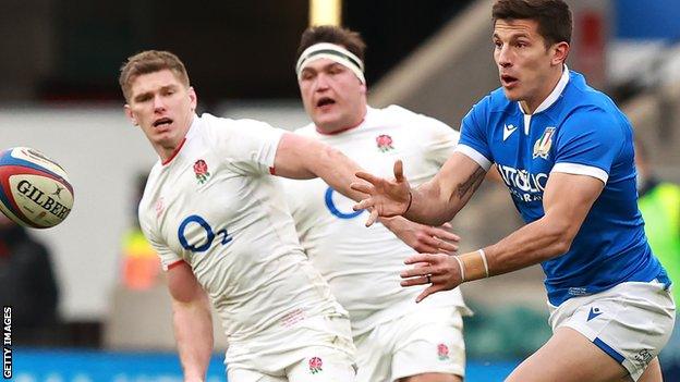 Tommaso Allan in action for Italy against England at Twickenham in the 2021 Six Nations