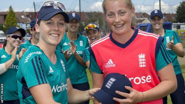 Sophie Ecclestone (right) receives her T20 international cap