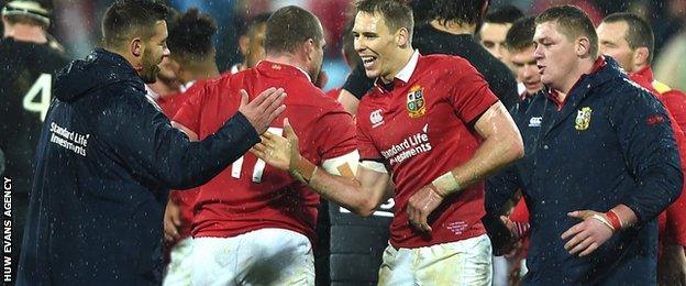 Lions celebrate beating New Zealand in Wellington