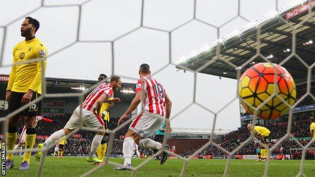 Marko Arnautovic of Stoke celebrates his second goal against Aston Villa