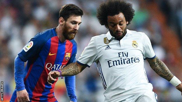 Lionel Messi of Barcelona and Real Madrid's Marcelo