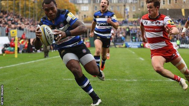 Semesa Rokoduguni opens the scoring for Bath against Gloucester