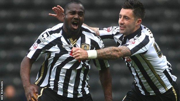 Stanley Aborah (left) celebrates his goal with Notts team-mate Alan Sheehan