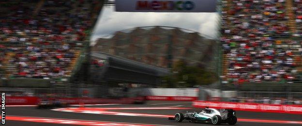 A unique stadium section of the track sees the action pass between two grandstands in Mexico