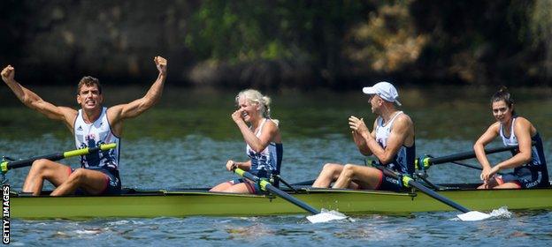 Great Britain's mixed coxed four celebrate their gold medal at the Rio Paralympics