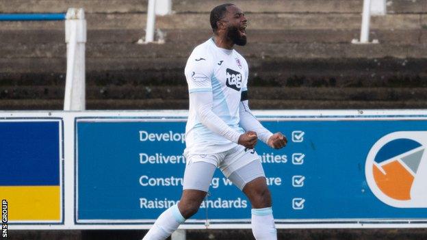 Gozie Ugwu celebrates giving Raith Rovers the lead at Palmerston