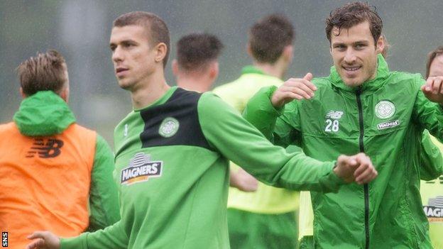 Jozo Simunovic (left) in training with Celtic