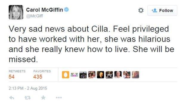 Carol McGiffin Twitter tribute to Cilla Balck