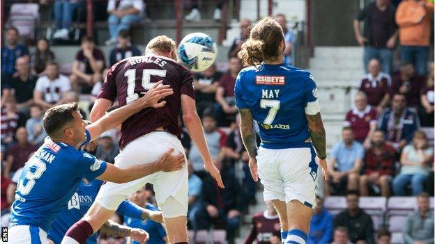 Hearts' Kye Rowles scores