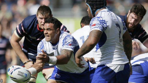 Samoa's Kahn Fotuali'i in action against USA