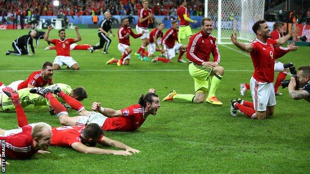 Wales players celebrate their win over Belgium