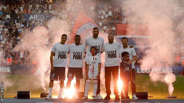 Sergio Ramos, Gianluigi Donnarumma, Georginio Wijnaldum, Achraf Hakimi. Lionel Messi, Paris St-Germain