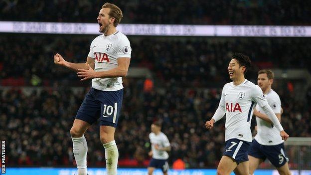 Harry Kane celebrates scoring for Tottenham against Stoke City